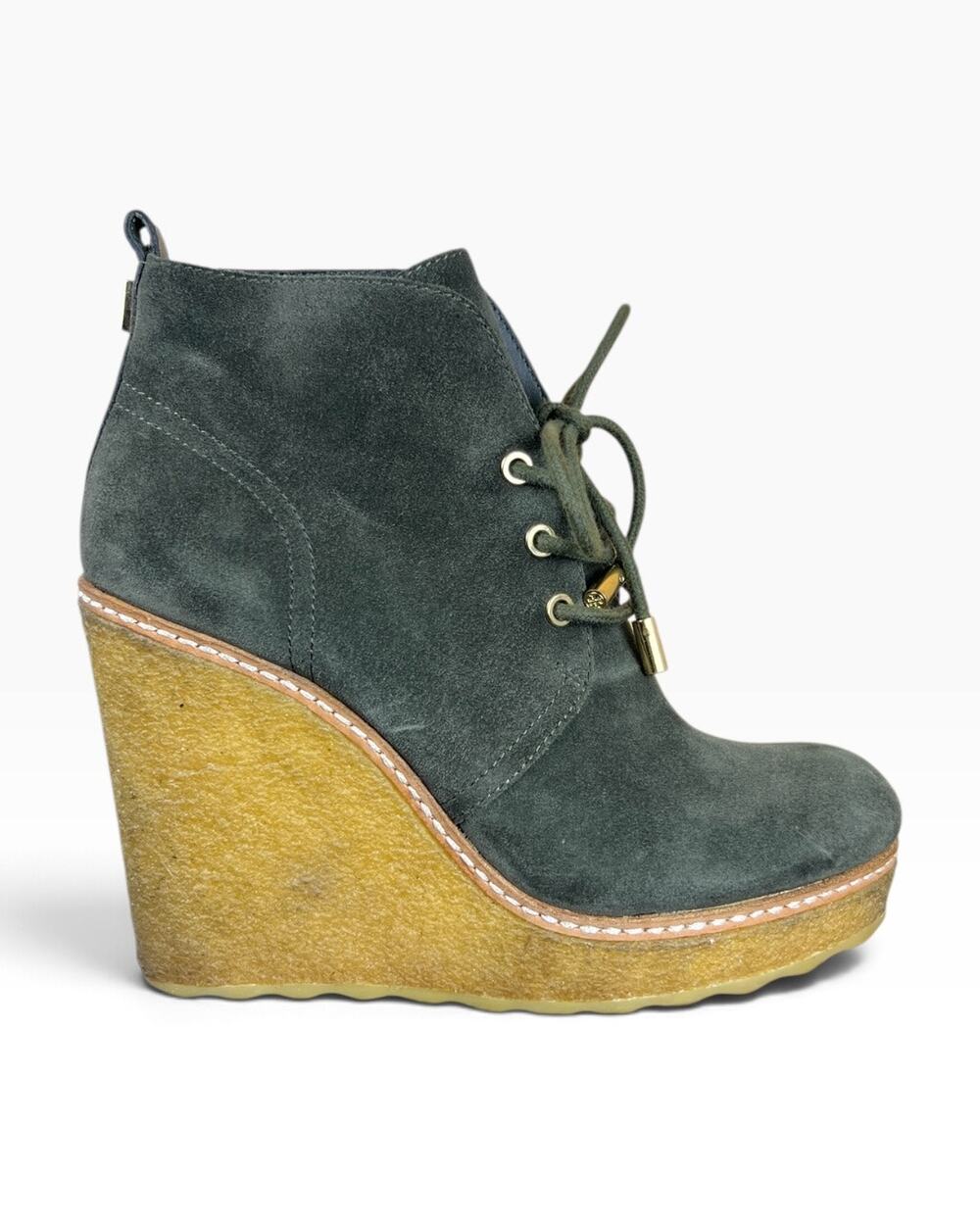 Tory Burch Denise Olive Green Suede Crepe Wedge Lace Up Booties Size 5.5M